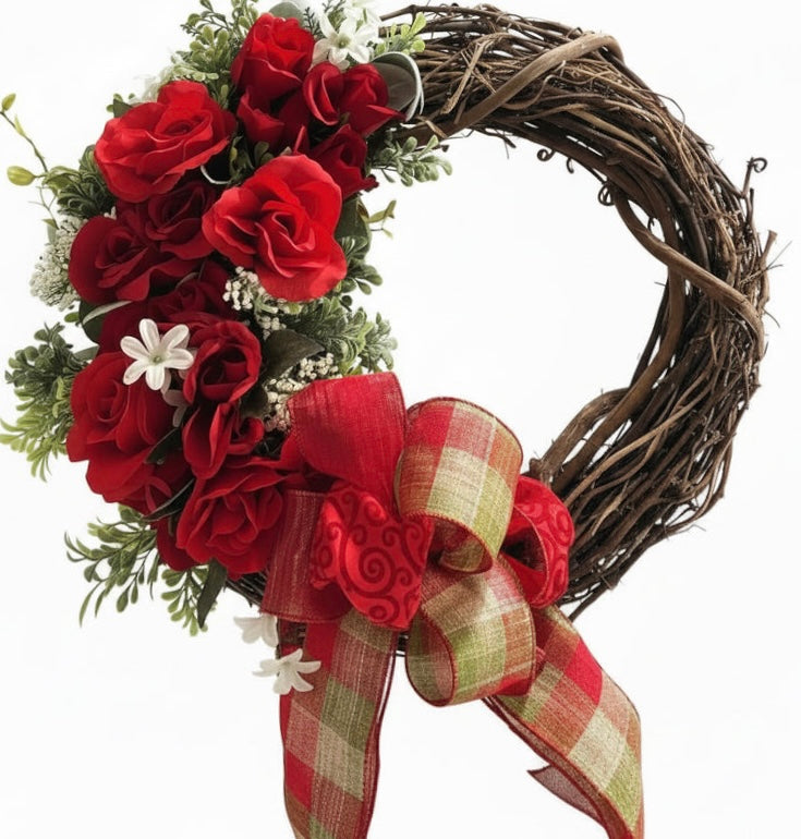 Handmade Rose Grapevine Wreath with Plaid Bow