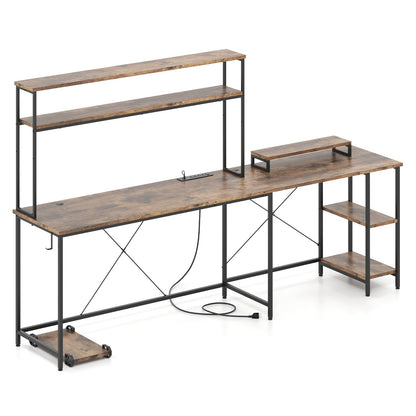 L-Shaped Reversible Gaming Desk with LED Strip and Power Outlets Hutch Monitor Stand-Rustic Brown