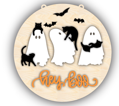 Unfinished Wood Hey Boo Ghost Cat Door Sign Kit | Wood Craft Cutouts | 1/4" Thick |