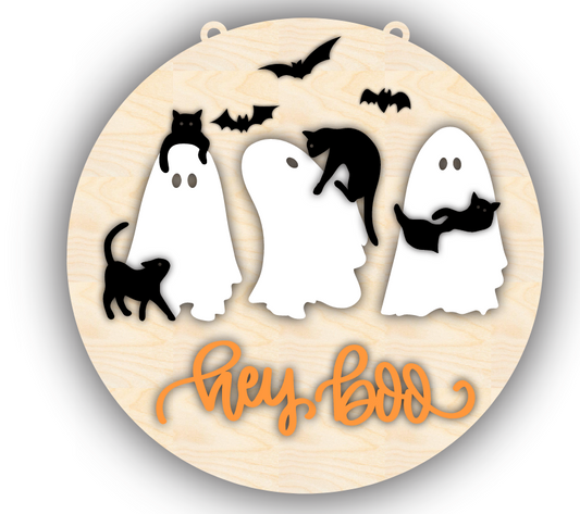 Unfinished Wood Hey Boo Ghost Cat Door Sign Kit | Wood Craft Cutouts | 1/4" Thick |
