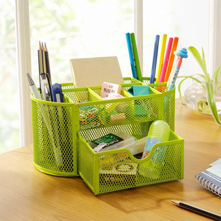 Desk Organizer 9 Grids Metal Mesh Office Pen Pencil Holder(Red)