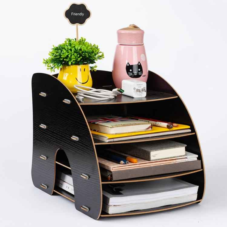 Office Supplies Curved Desktop A4 Storage Box Wooden File Rack Data Rack Shelf(Black)
