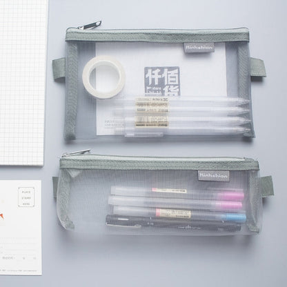 Nylon Simple Transparent Mesh Pencil Case Office School Supplies(Big White)