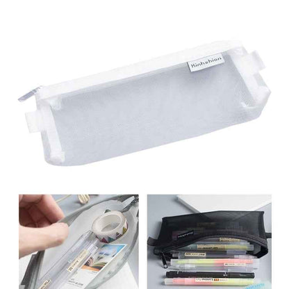 Nylon Simple Transparent Mesh Pencil Case Office School Supplies(Small White)