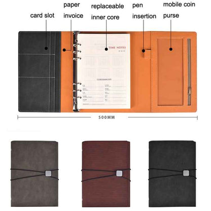 A5 Business Loose-leaf Notebook Office Stationery Leather PU Notepad(Light Coffee)