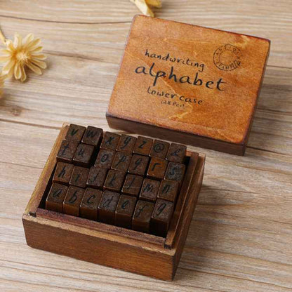 E13 28PCS/Set Vintage Wooden Alphabet and Number Diary Handbook DIY Stamps(Cursive Lowercase)