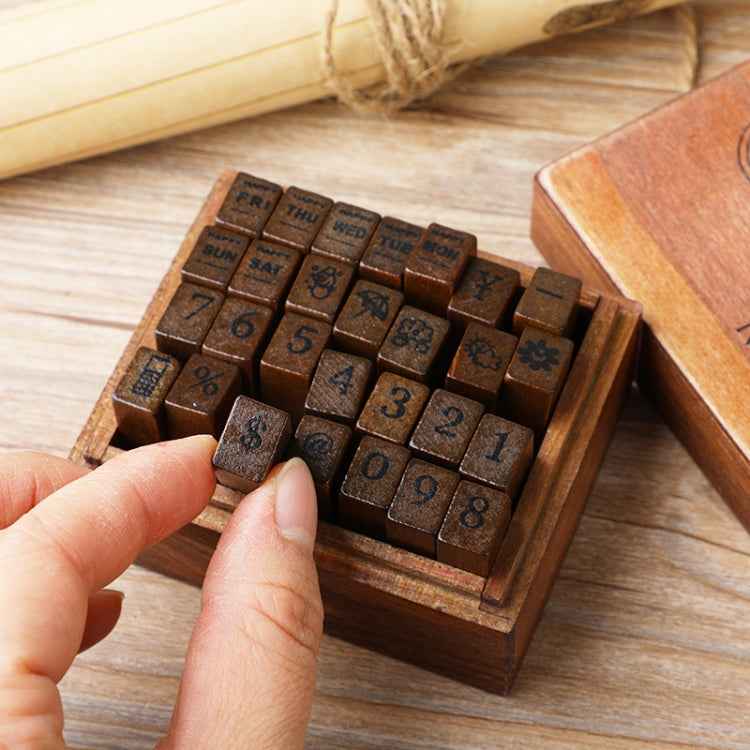 E13 28PCS/Set Vintage Wooden Alphabet and Number Diary Handbook DIY Stamps(Cursive Lowercase)