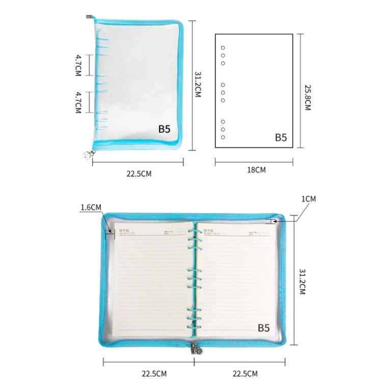 B5 9 Rings Loose-leaf Journal Clear PVC Cover Zipper Planner Notebook Without Inner Pages(Sky Blue)