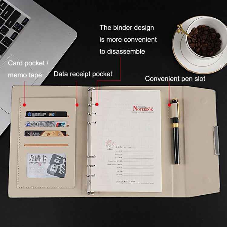 6 Hole Three Fold Loose-leaf Case A5 Business Notebook Office Stationery Notepad(Grey)