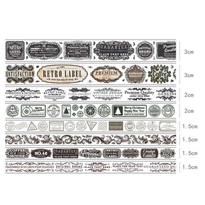 8rolls /Box  Ancient Style Transparent PET Tape Set for Journaling 3cm x 2+2cm x 2+1.5cm x 4(Badge Pattern)