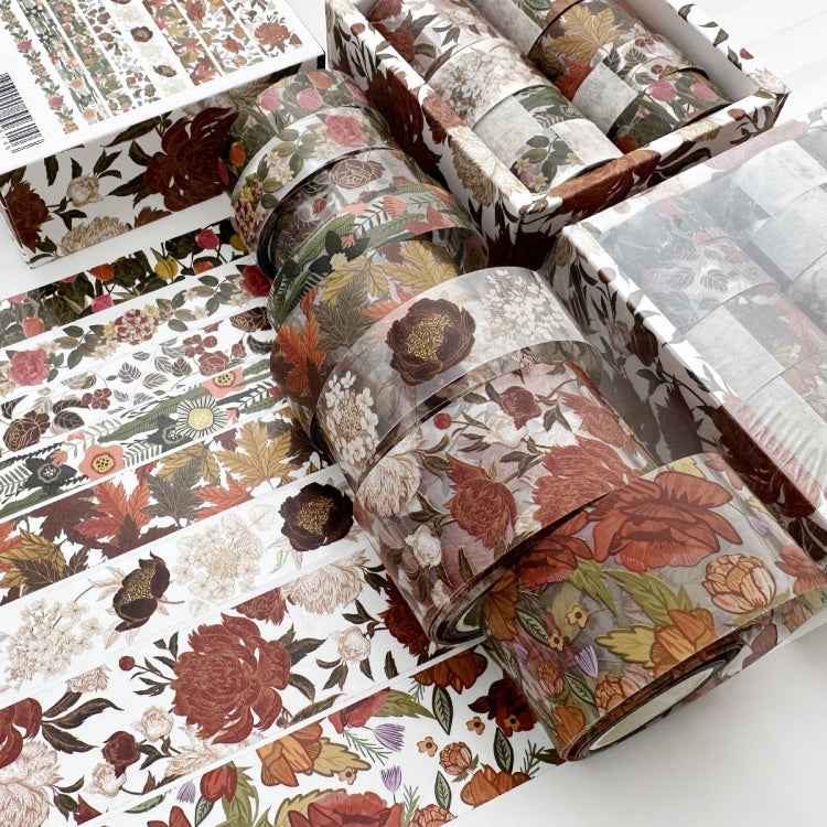 8rolls /Box  Ancient Style Transparent PET Tape Set for Journaling 3cm x 2+2cm x 2+1.5cm x 4(Flourishing Blossoms)