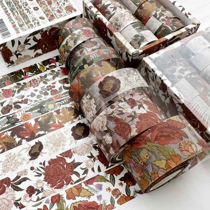 8rolls /Box  Ancient Style Transparent PET Tape Set for Journaling 3cm x 2+2cm x 2+1.5cm x 4(Flourishing Blossoms)