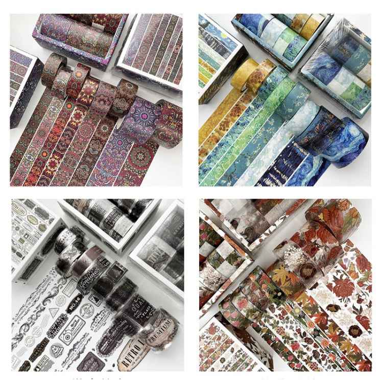 8rolls /Box  Ancient Style Transparent PET Tape Set for Journaling 3cm x 2+2cm x 2+1.5cm x 4(Badge Pattern)