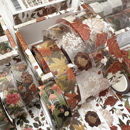 8rolls /Box  Ancient Style Transparent PET Tape Set for Journaling 3cm x 2+2cm x 2+1.5cm x 4(Flourishing Blossoms)
