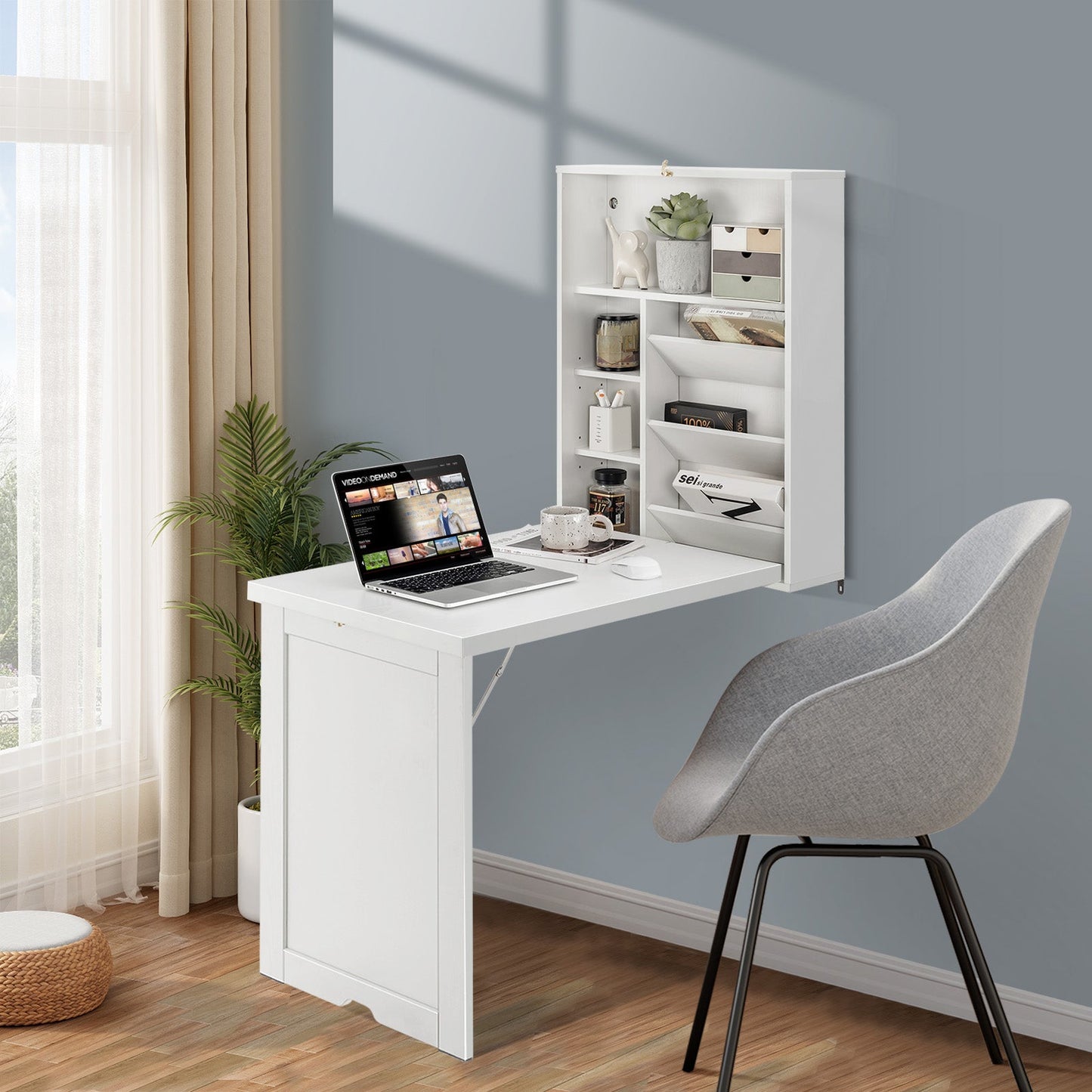 Wall Mounted Fold-Out Convertible Floating Desk Space Saver-White