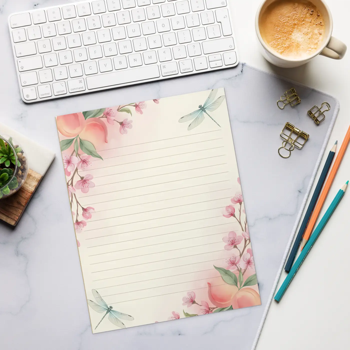 Elegant Dragonfly Ruled Notepad - Cherry Blossom Design - DipaliZ