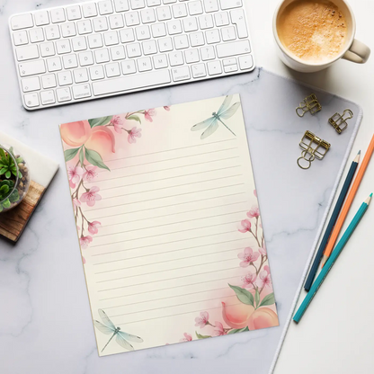 Elegant Dragonfly Ruled Notepad - Cherry Blossom Design - DipaliZ