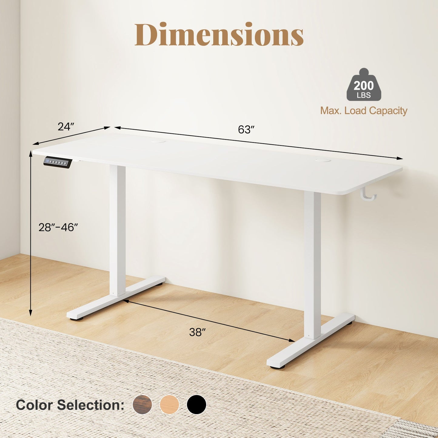 Electric Standing Desk with 3 Memory Heights and 2 Hanging Hooks and Cable Holes-White