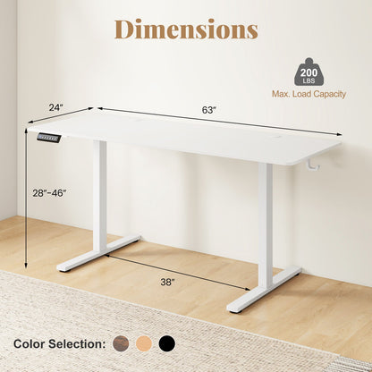 Electric Standing Desk with 3 Memory Heights and 2 Hanging Hooks and Cable Holes-White