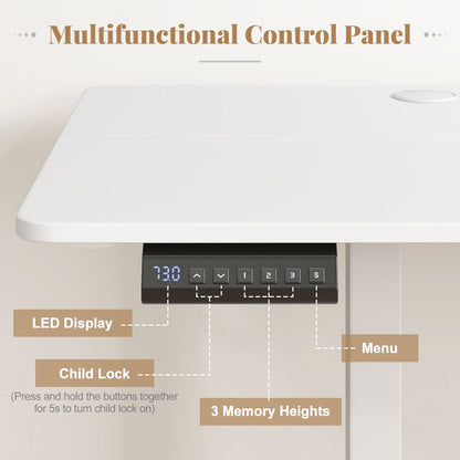 Electric Standing Desk with 3 Memory Heights and 2 Hanging Hooks and Cable Holes-White