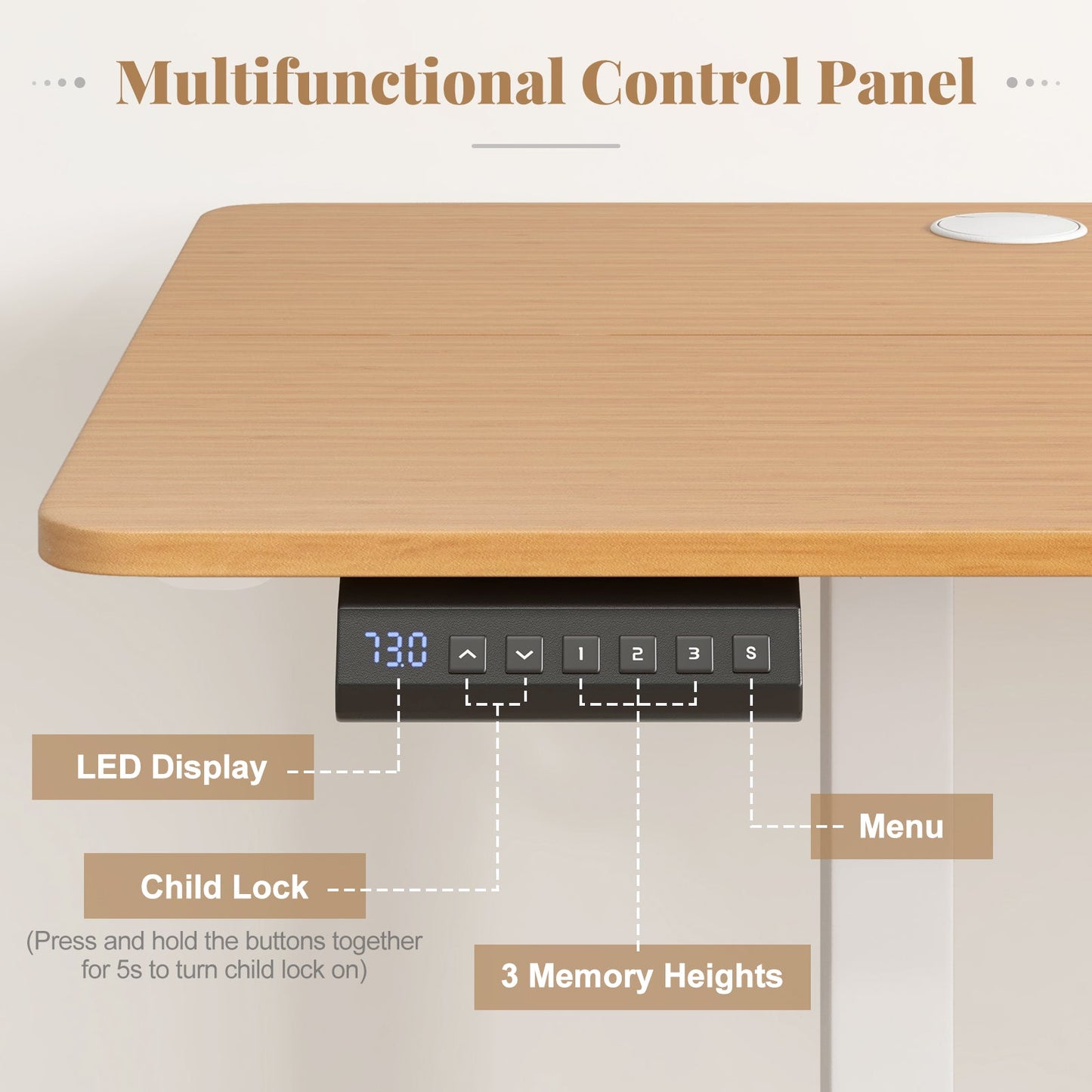 Electric Standing Desk with 3 Memory Heights and 2 Hanging Hooks and Cable Holes-Natural