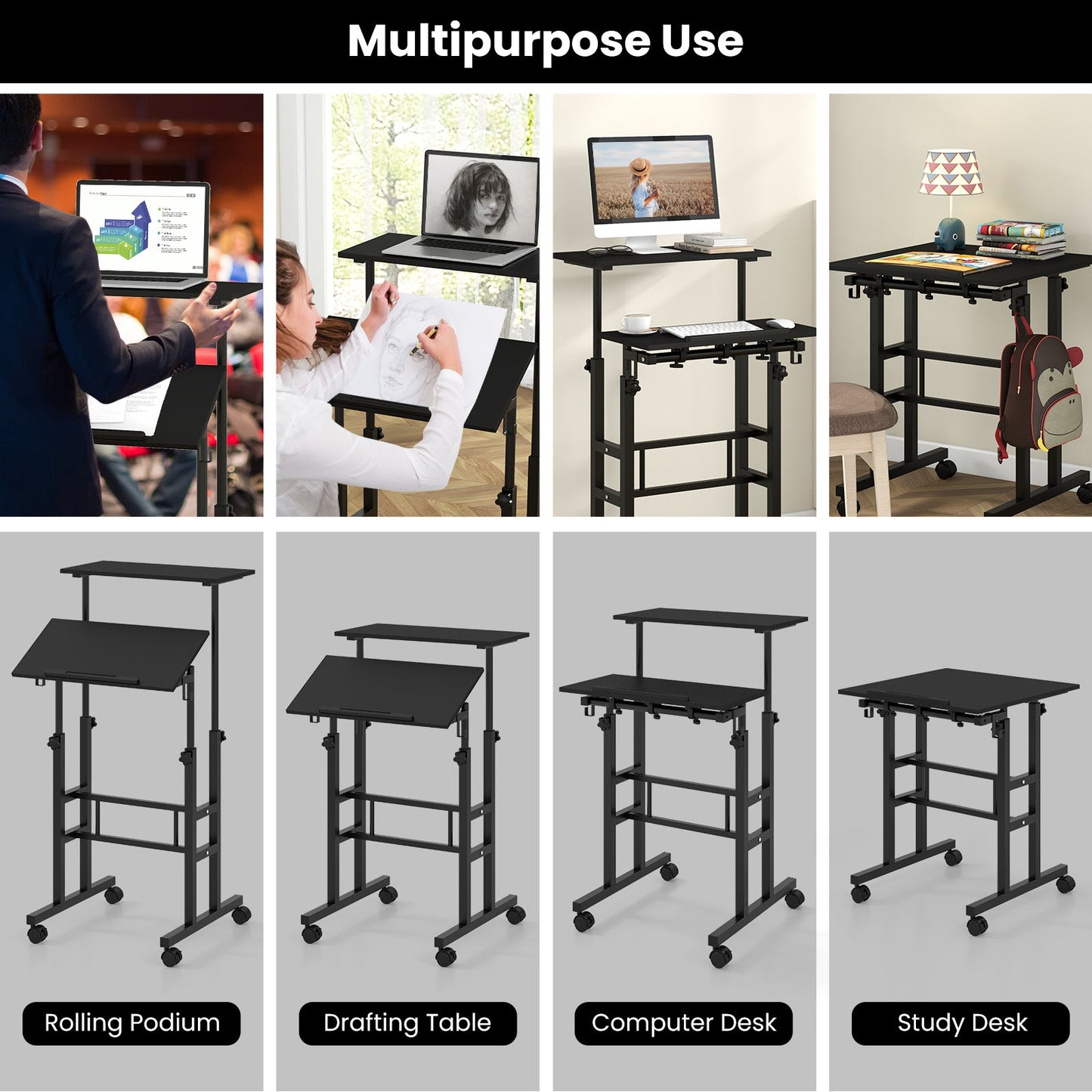 Height Adjustable Mobile Standing Desk with Rolling Wheels for Office and Home-Black