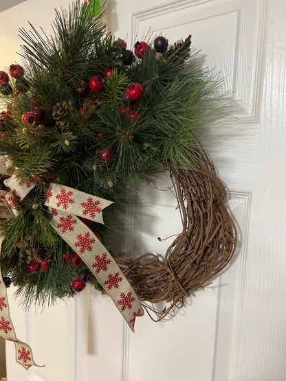 Rustic Winter Pine & Berry Grapevine Wreath