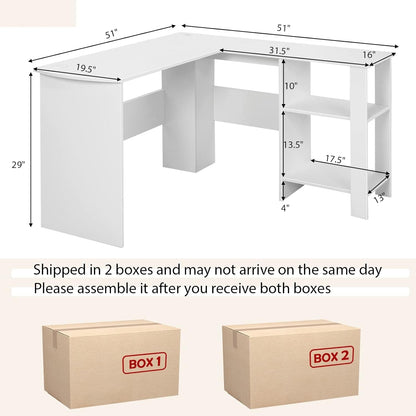 Large Modern L-shaped Computer Desk with 2 Cable Holes and 2 Storage Shelves-White