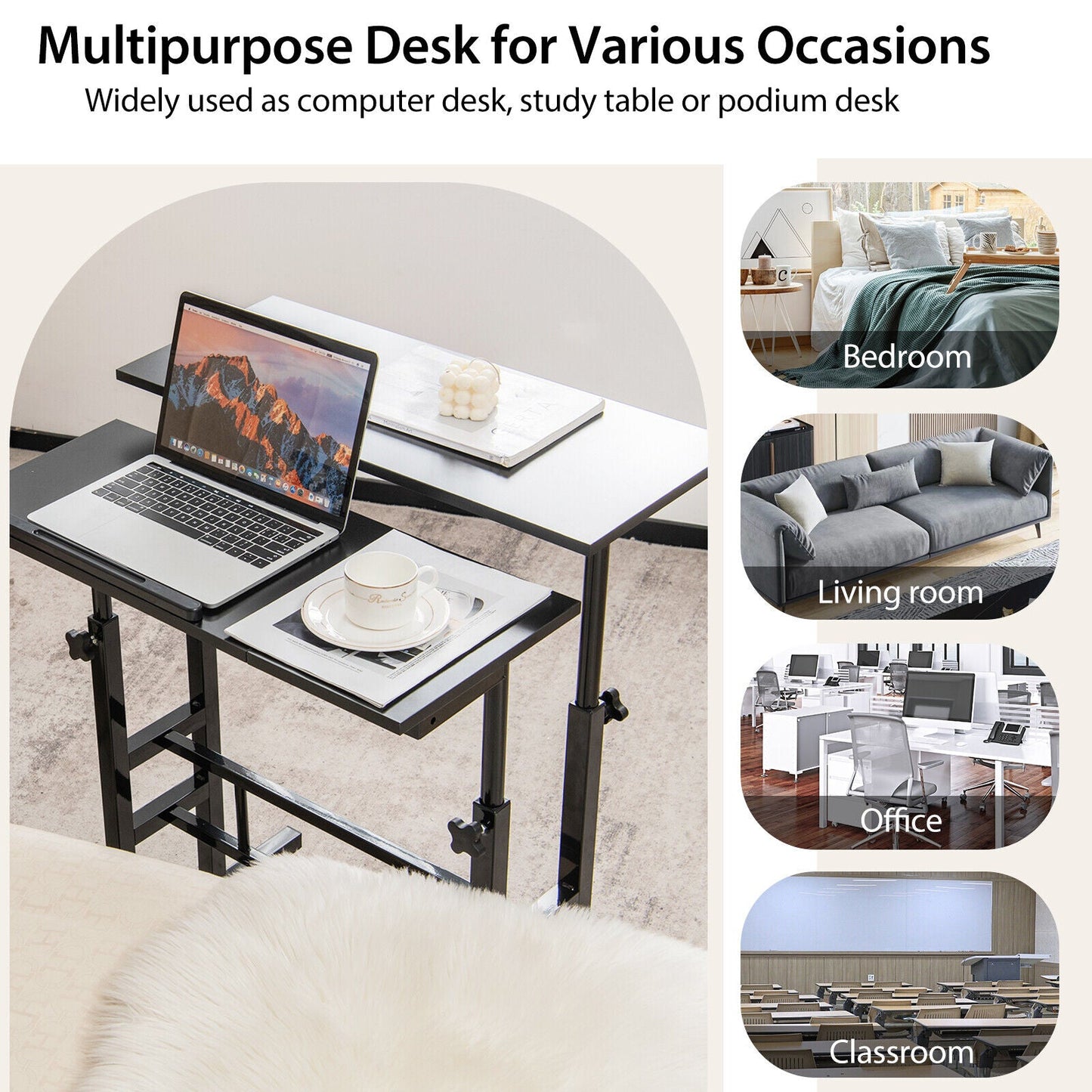 Mobile Stand-up Computer Desk Adjustable with 2 Tilting Desktops-Black