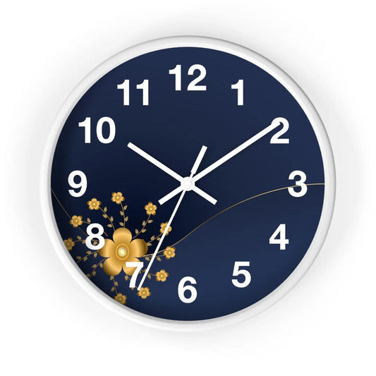 Navy Floral Wall Clock - Gold Blossom Decorative - DipaliZ